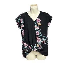 Twenty second size small twist front Floral Black Blouse with Pink Accents
